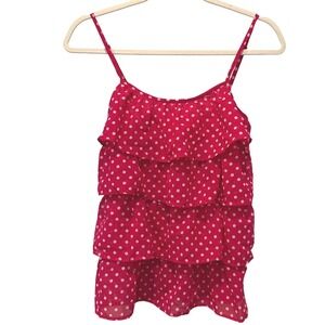 Bongo Womens Y2K Cami Top Ruffle Polka Dot Medium Pink Sleeveless Layered Tiered